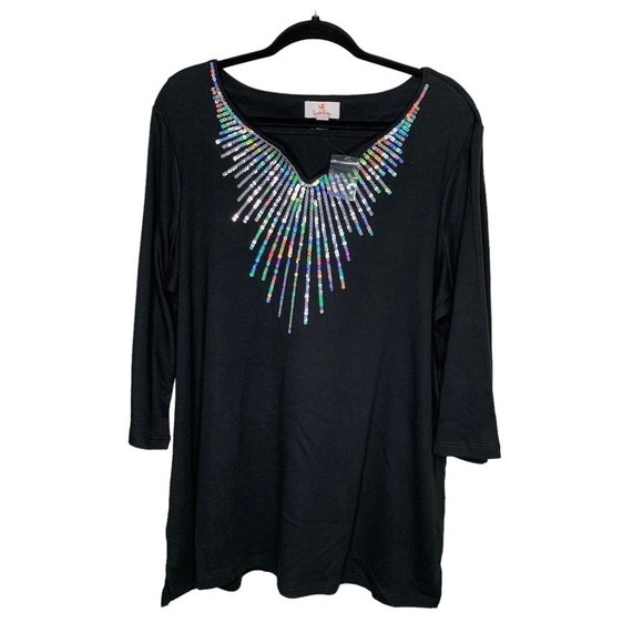 Quaker Factory Tops - New Quaker Factory Iridescent Sequin Blouse 1X Black 3/4 Sleeve BNWOT